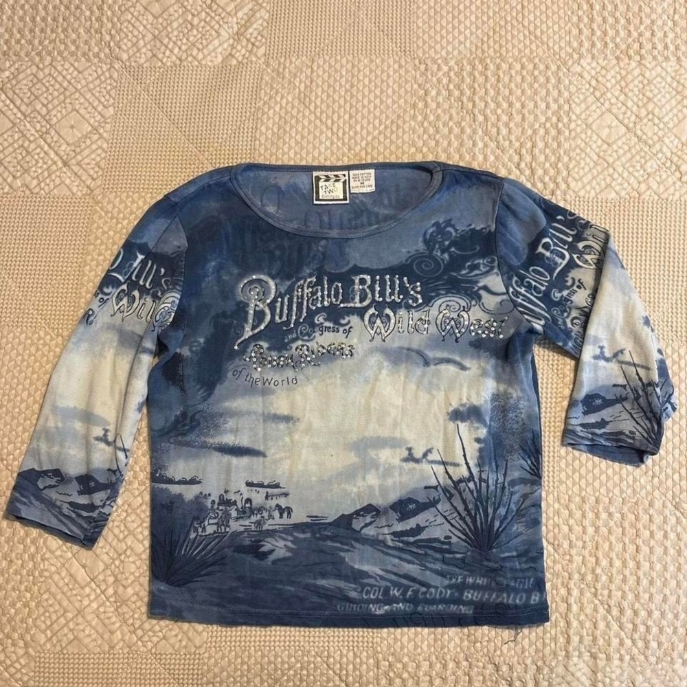 Y2K Blue & white Buffalo Bill's Wild West long sleeve embroidered graphic shirt